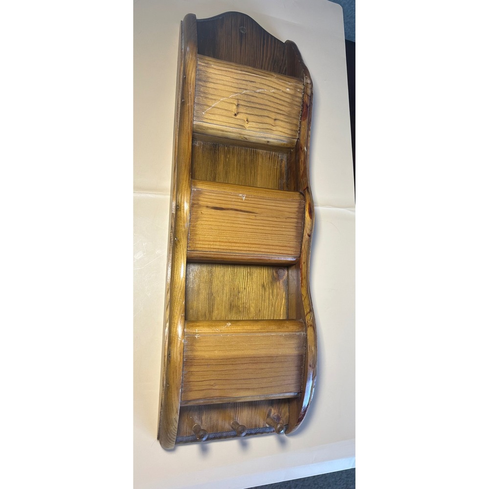 Vintage Wood Wall Mail Organizer 3 Tier Letter Holder Key Rack Entryway Rustic